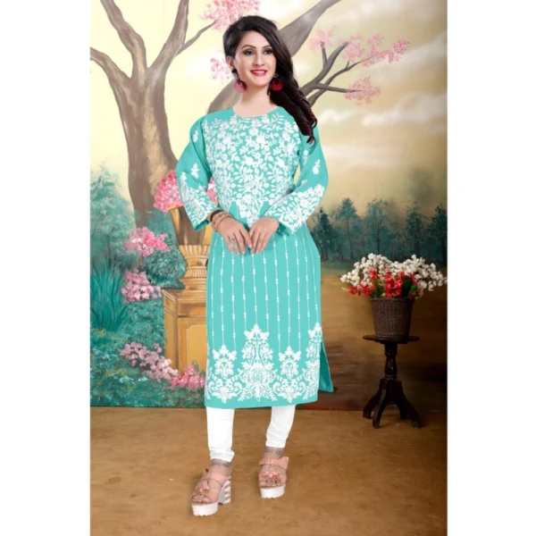Generic Women's Georgette Printed Round Neck 3-4th Sleeve Kurti (Sky) - Image 4