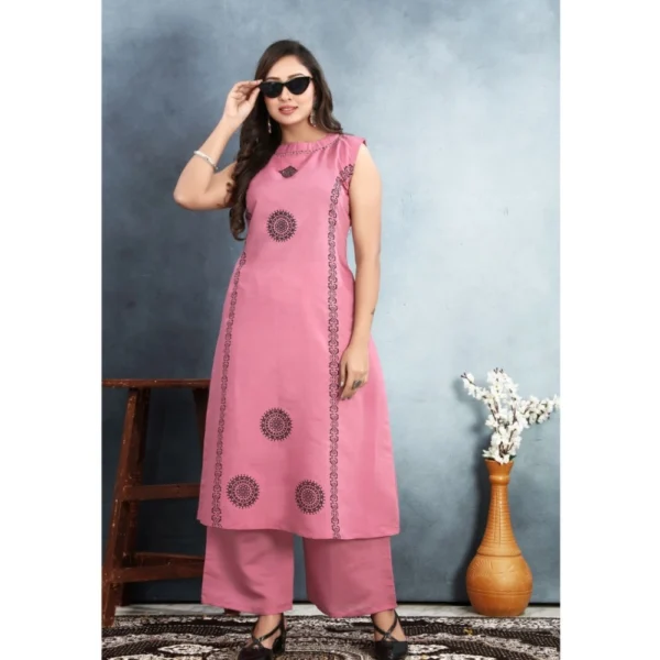 Women's Silk Printed Round Neck Kurti with Pant Set (Pink) - Image 4
