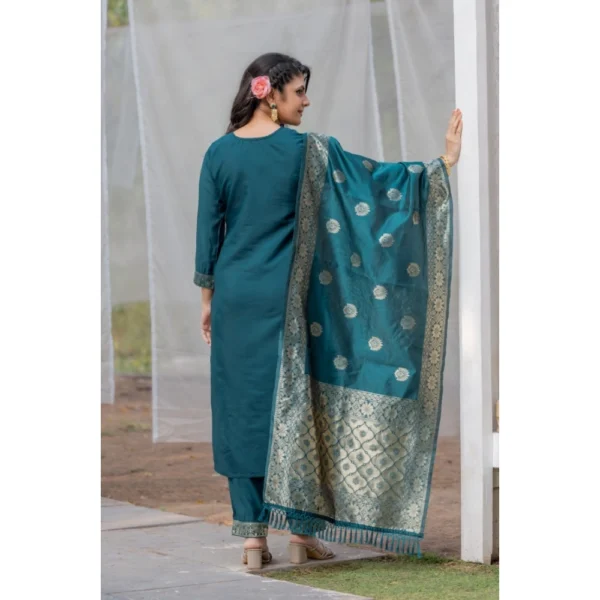 Women's Rayon Printed Round Neck Kurti with Pant and Dupatta Set (Green) - Image 5