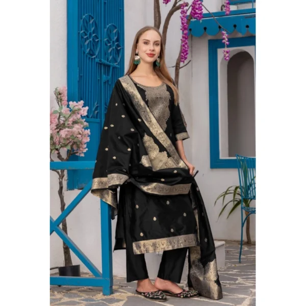 Women's Cotton Blend Printed Round Neck Kurti with Pant and Dupatta Set (Black) - Image 4
