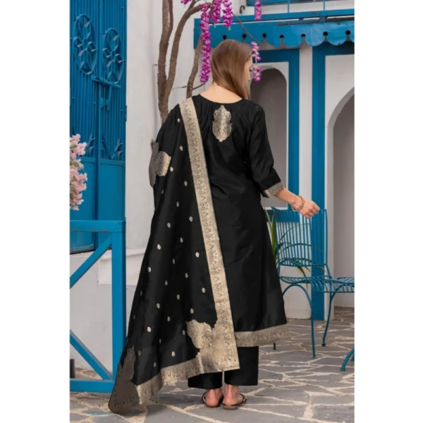 Women's Cotton Blend Printed Round Neck Kurti with Pant and Dupatta Set (Black) - Image 5