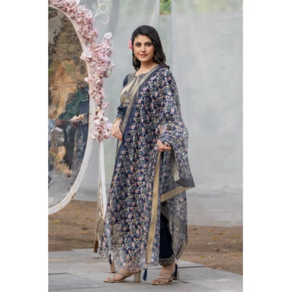 Women's Rayon Printed V Neck Kurti with Pant and Dupatta Set (Navy Blue) - Image 4