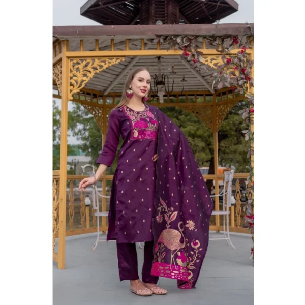 Women's Cotton Blend Printed Round Neck Kurti with Pant and Dupatta Set (Purple) - Image 3