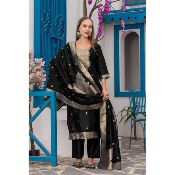 Women's Cotton Blend Printed Round Neck Kurti with Pant and Dupatta Set (Black) - Image 3