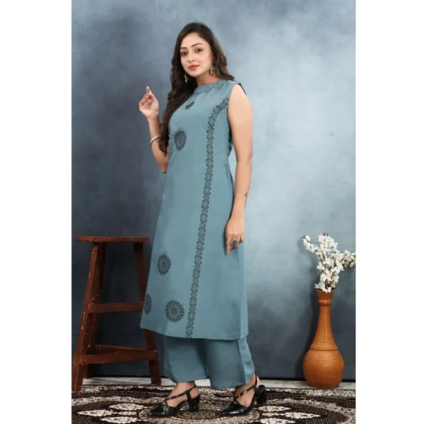 Women's Silk Printed Round Neck Kurti with Pant Set (Grey) - Image 3