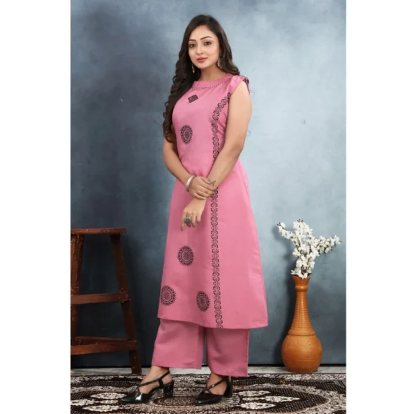 Women's Silk Printed Round Neck Kurti with Pant Set (Pink) - Image 3