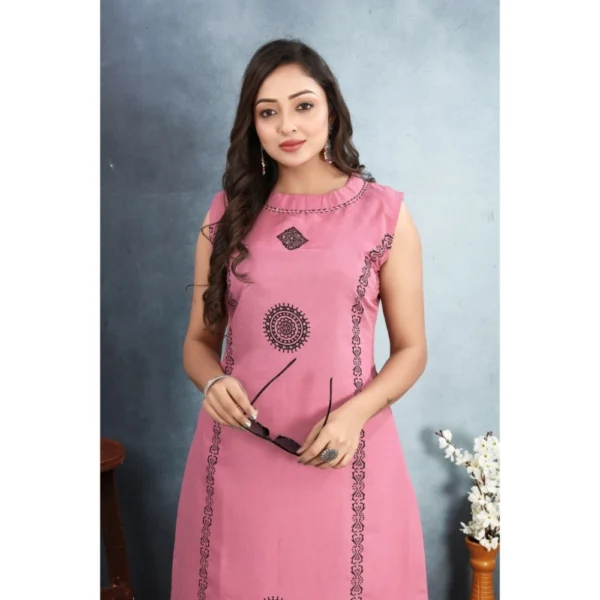 Women's Silk Printed Round Neck Kurti with Pant Set (Pink) - Image 5
