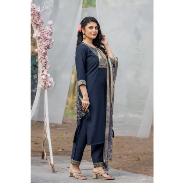 Women's Rayon Printed V Neck Kurti with Pant and Dupatta Set (Navy Blue) - Image 3