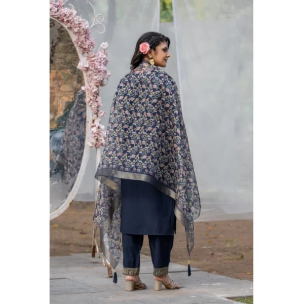 Women's Rayon Printed V Neck Kurti with Pant and Dupatta Set (Navy Blue) - Image 5