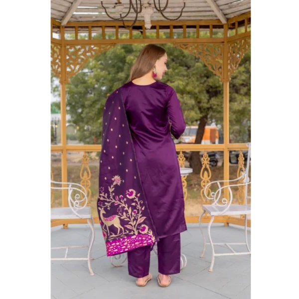 Women's Cotton Blend Printed Round Neck Kurti with Pant and Dupatta Set (Purple) - Image 5