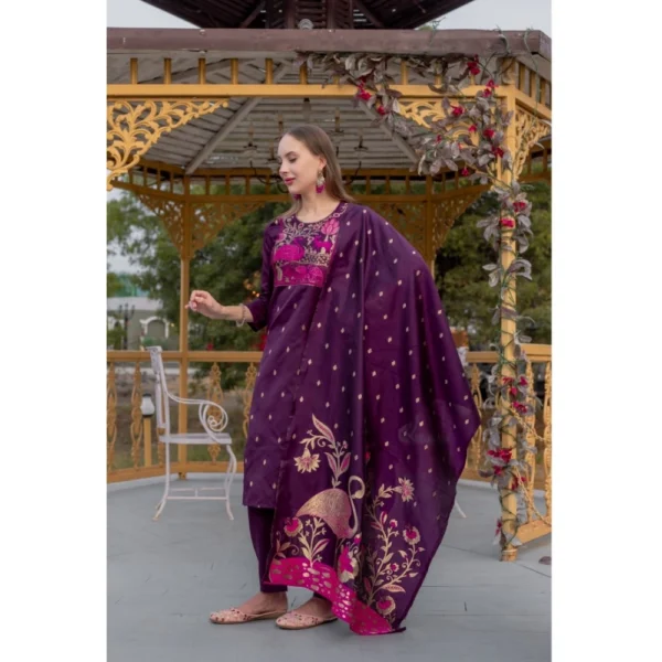 Women's Cotton Blend Printed Round Neck Kurti with Pant and Dupatta Set (Purple) - Image 4