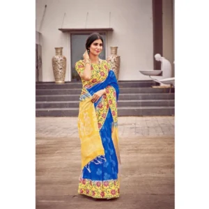 Women's Cotton Blend Printed Saree With Unstitched Blouse (Blue, 5-5 Mtrs)
