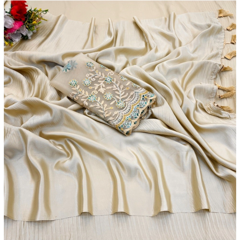 Women's Satin Solid Saree With Unstitched Blouse (Yellow, 5-5 Mtrs)