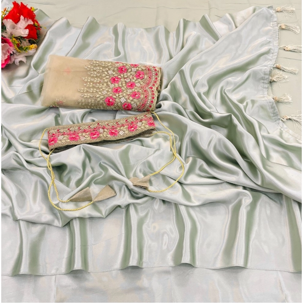 Women's Satin Solid Saree With Unstitched Blouse (Offwhite, 5-5 Mtrs)