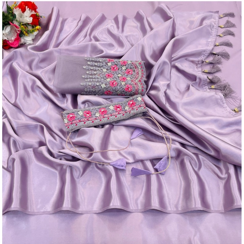 Women's Satin Solid Saree With Unstitched Blouse (Purple, 5-5 Mtrs)