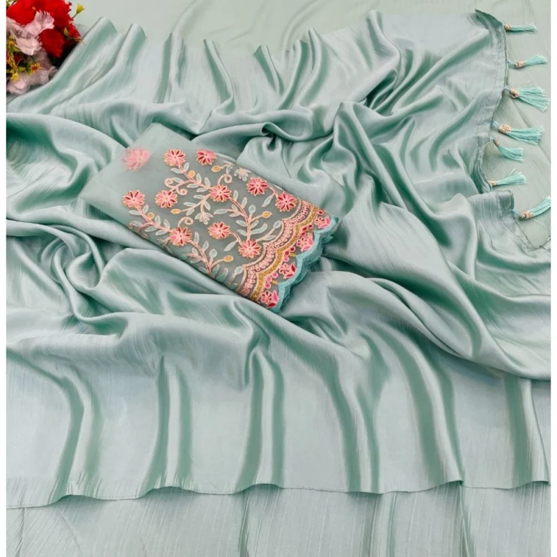 Women's Satin Solid Saree With Unstitched Blouse (Skyblue, 5-5 Mtrs)