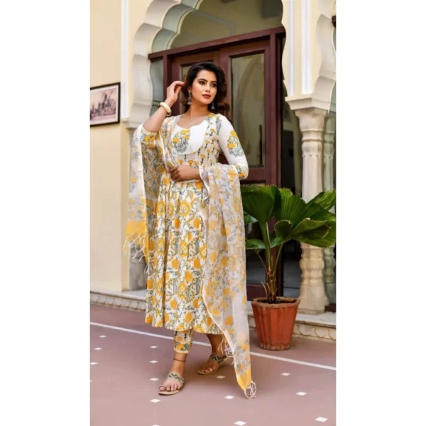 Women's Cotton Blend Printed Work Kurti With Bottom And Dupatta Set (Yellow) - Image 6