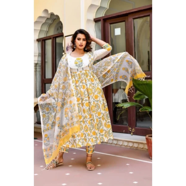 Women's Cotton Blend Printed Work Kurti With Bottom And Dupatta Set (Yellow) - Image 3
