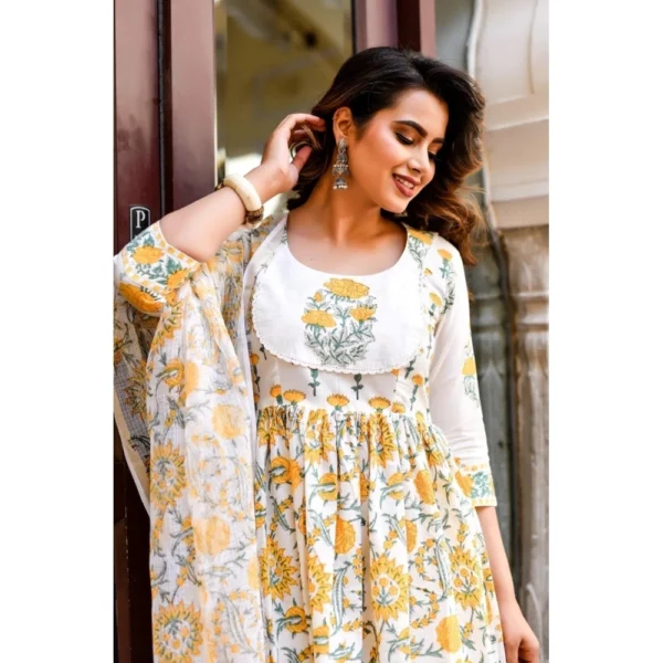 Women's Cotton Blend Printed Work Kurti With Bottom And Dupatta Set (Yellow) - Image 4
