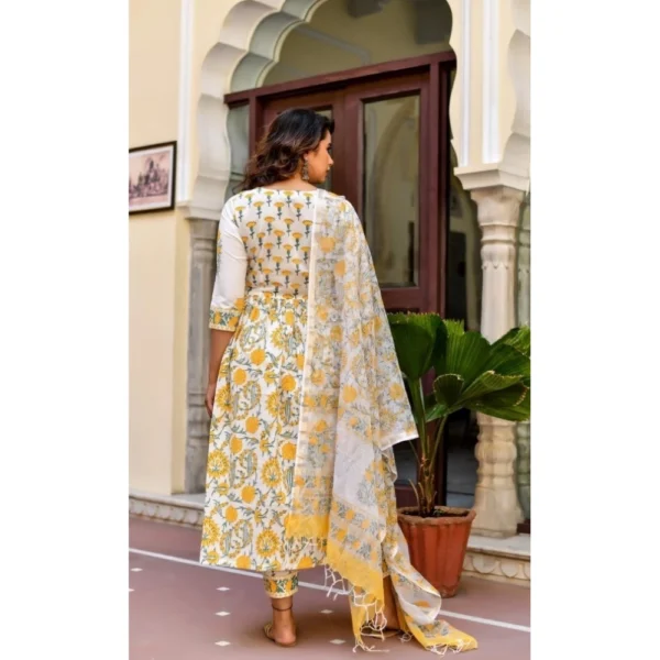 Women's Cotton Blend Printed Work Kurti With Bottom And Dupatta Set (Yellow) - Image 2