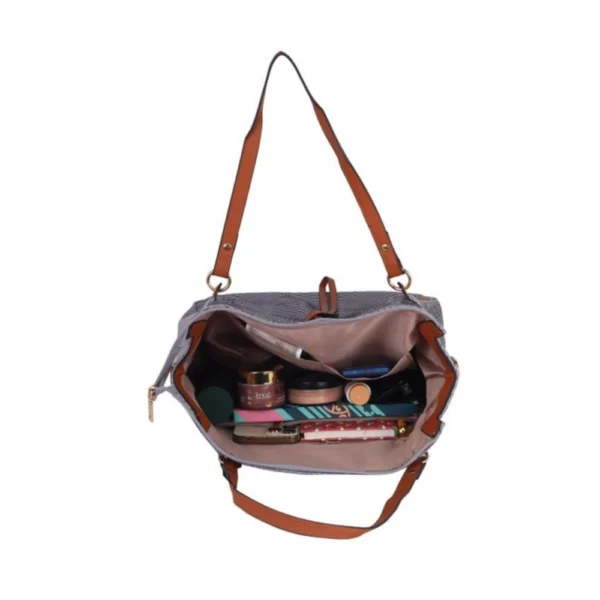 Women's Faux Leather Textured?Tote Bag (Grey) - Image 2