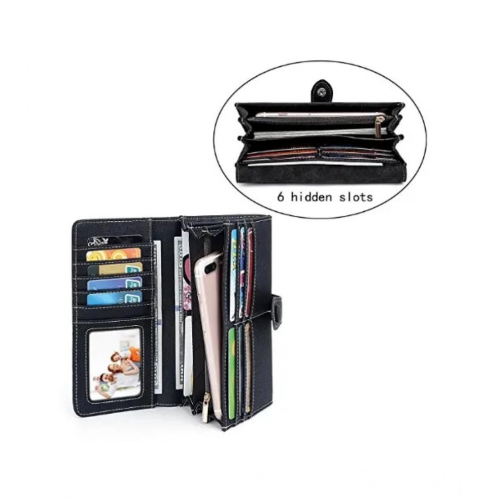 Women's Faux Leather Medium Snap Button Wallet (Black) - Image 3