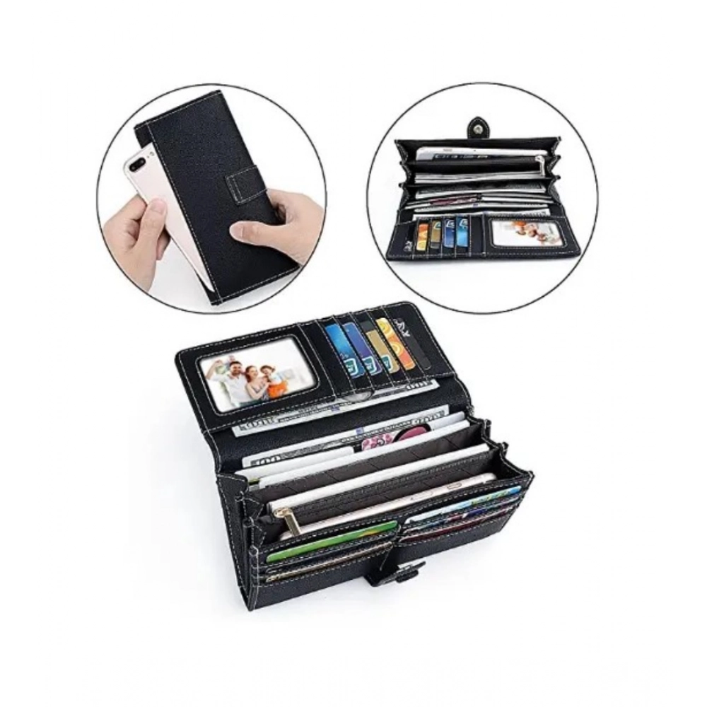 Women's Faux Leather Medium Snap Button Wallet (Black) - Image 2