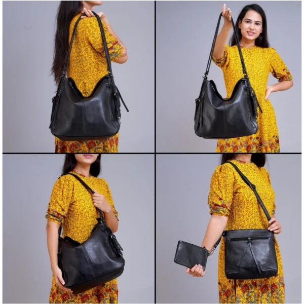 Women's PU Leather Medium Shoulder Zipper Handbag (Black) - Image 4
