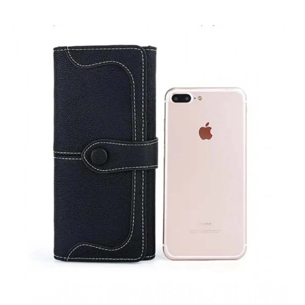 Women's Faux Leather Medium Snap Button Wallet (Black) - Image 4