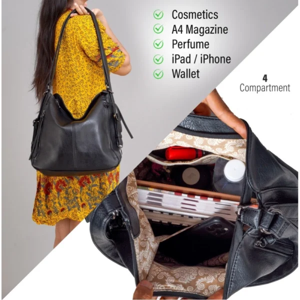 Women's PU Leather Medium Shoulder Zipper Handbag (Black) - Image 2