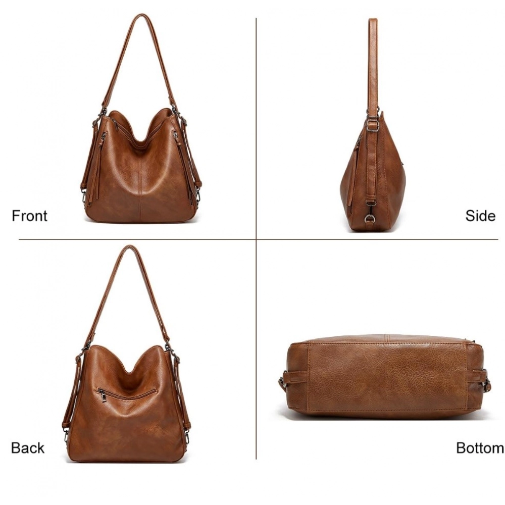 Women's PU Leather Medium Shoulder Zipper Handbag (Brown) - Image 3