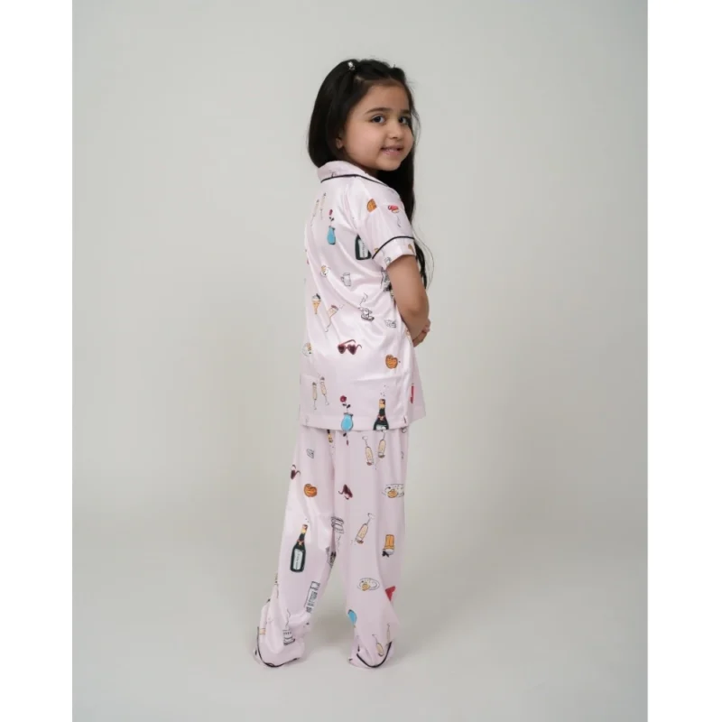 Girl's Silk Bleand Printed Short Sleeve Night Suit Set (Creem) - Image 3