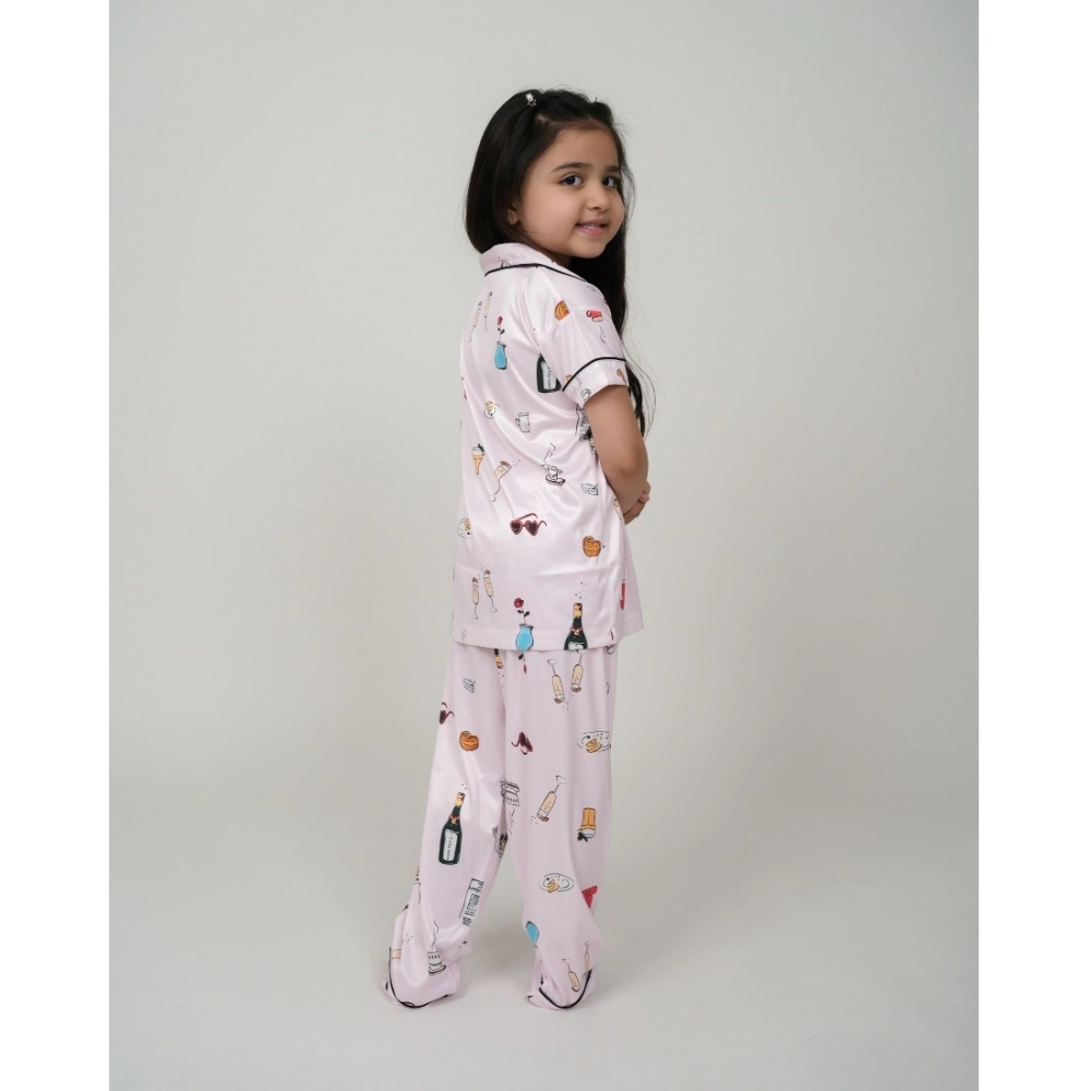 Girl's Silk Bleand Printed Short Sleeve Night Suit Set (Creem) - Image 3