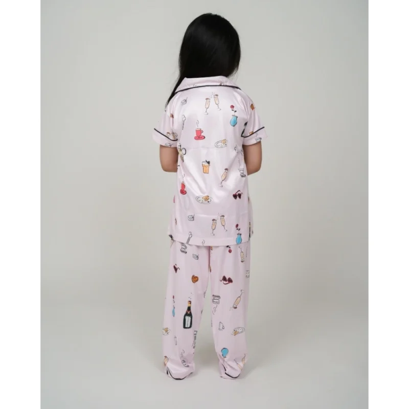 Girl's Silk Bleand Printed Short Sleeve Night Suit Set (Creem) - Image 2