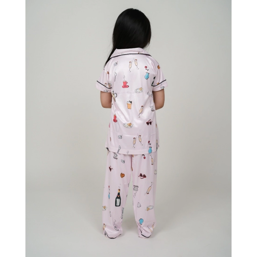 Girl's Silk Bleand Printed Short Sleeve Night Suit Set (Creem) - Image 2
