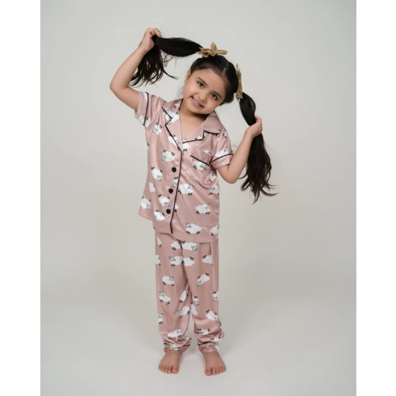 Girl's Silk Bleand Printed Short Sleeve Night Suit Set (Brown) - Image 2