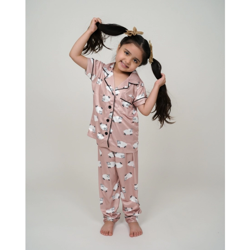 Girl's Silk Bleand Printed Short Sleeve Night Suit Set (Brown) - Image 2