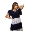Women's Georgette Solid Half Sleeve Gown (Blue-White)