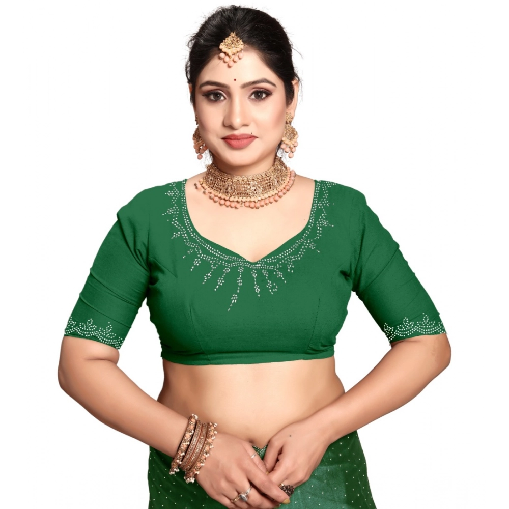 Women's Georgette Satin Silk Saree With Unstitched Blouse 5.5Mtr (Green) - Image 4