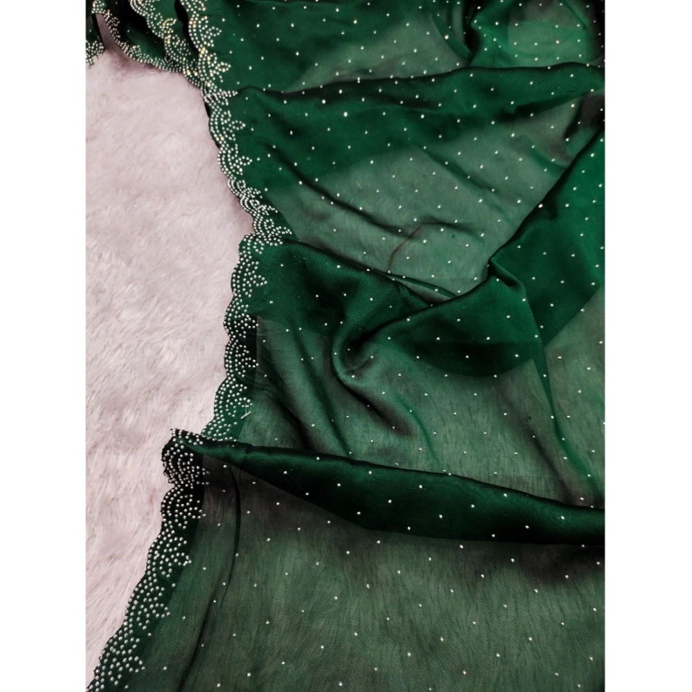 Women's Georgette Satin Silk Saree With Unstitched Blouse 5.5Mtr (Green) - Image 3