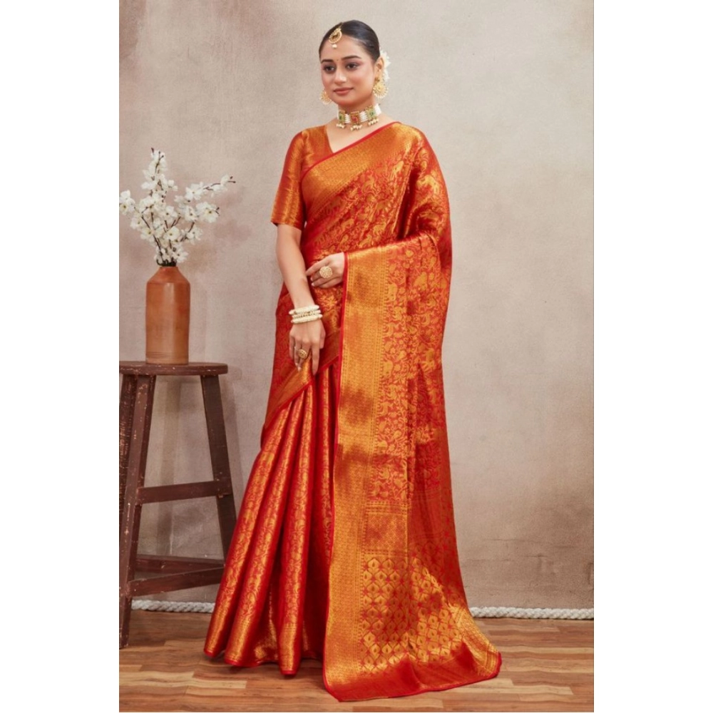 Women's Silk Blend Floral Printed Saree With Unstitched Blouse 5.5Mtr (Red) - Image 2