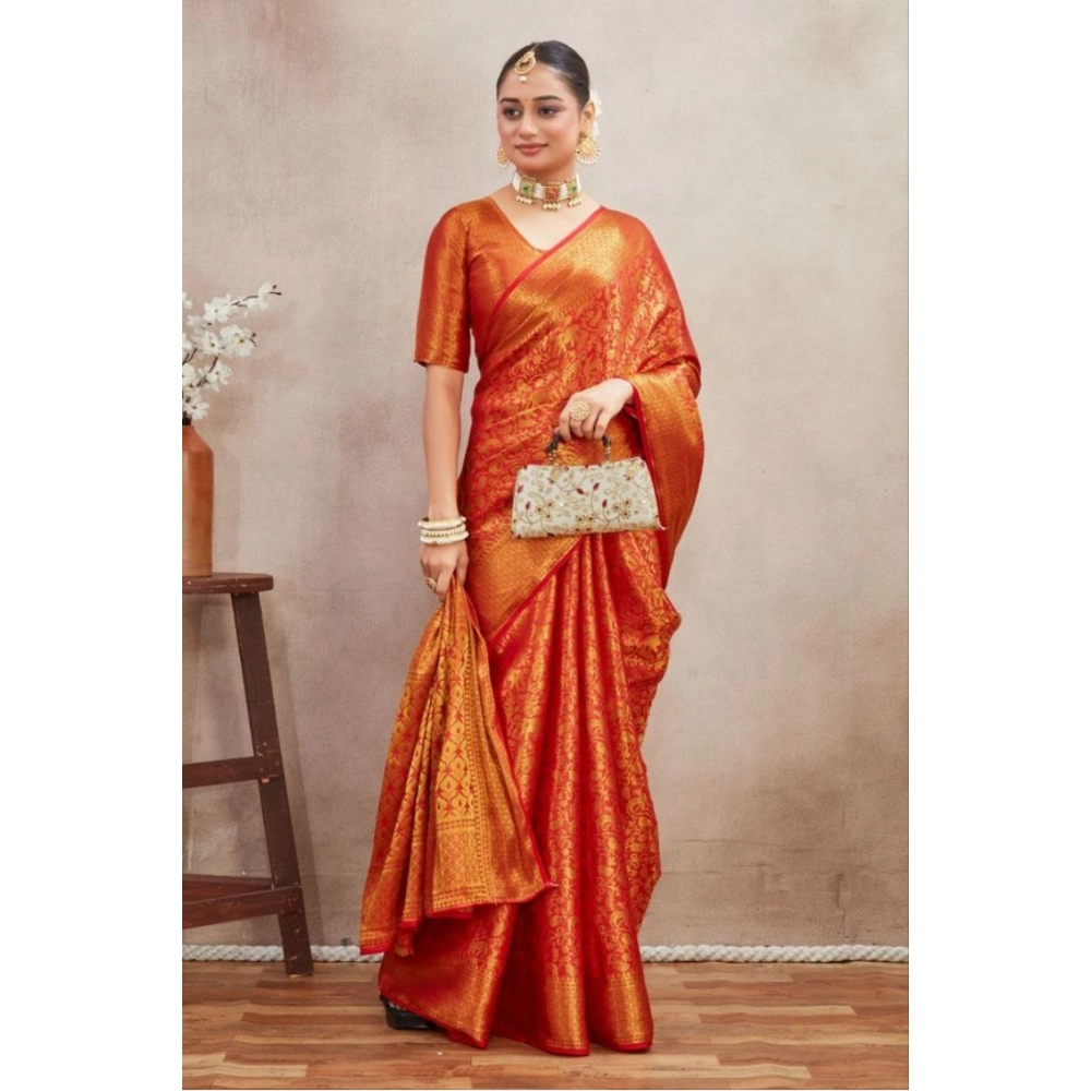 Women's Silk Blend Floral Printed Saree With Unstitched Blouse 5.5Mtr (Red) - Image 4