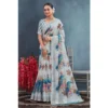 Women's Linen Floral Printed Saree With Unstitched Blouse 5.5Mtr (Off-White)