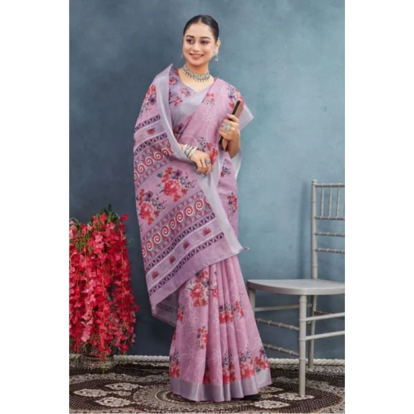 Women's Linen Floral Printed Saree With Unstitched Blouse 5.5Mtr (Purple) - Image 4