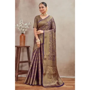 Women's Silk Blend Floral Printed Saree With Unstitched Blouse 5.5Mtr (Navy Blue)