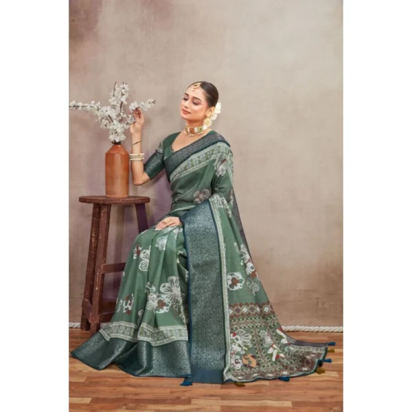 Women's Crepe Silk Printed Saree With Unstitched Blouse 5.5Mtr (Green) - Image 3