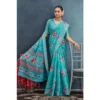 Women's Linen Floral Printed Saree With Unstitched Blouse 5.5Mtr (Aqua)