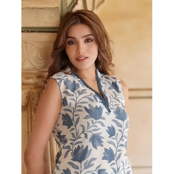 Women's Casual Cotton Printed Sleeveless Kurti Set (White-Blue) - Image 4