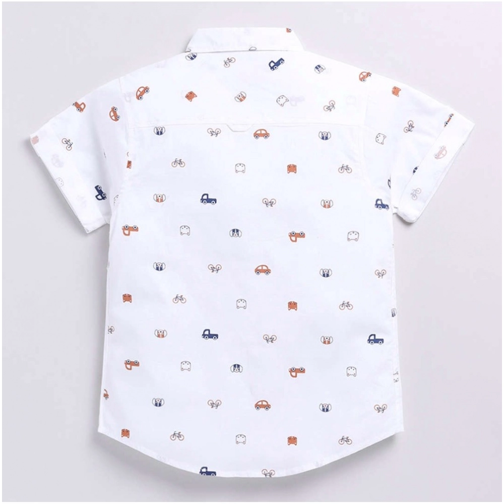 Boy's Cotton Blend Printed Short Sleeve Shirt (White) - Image 4