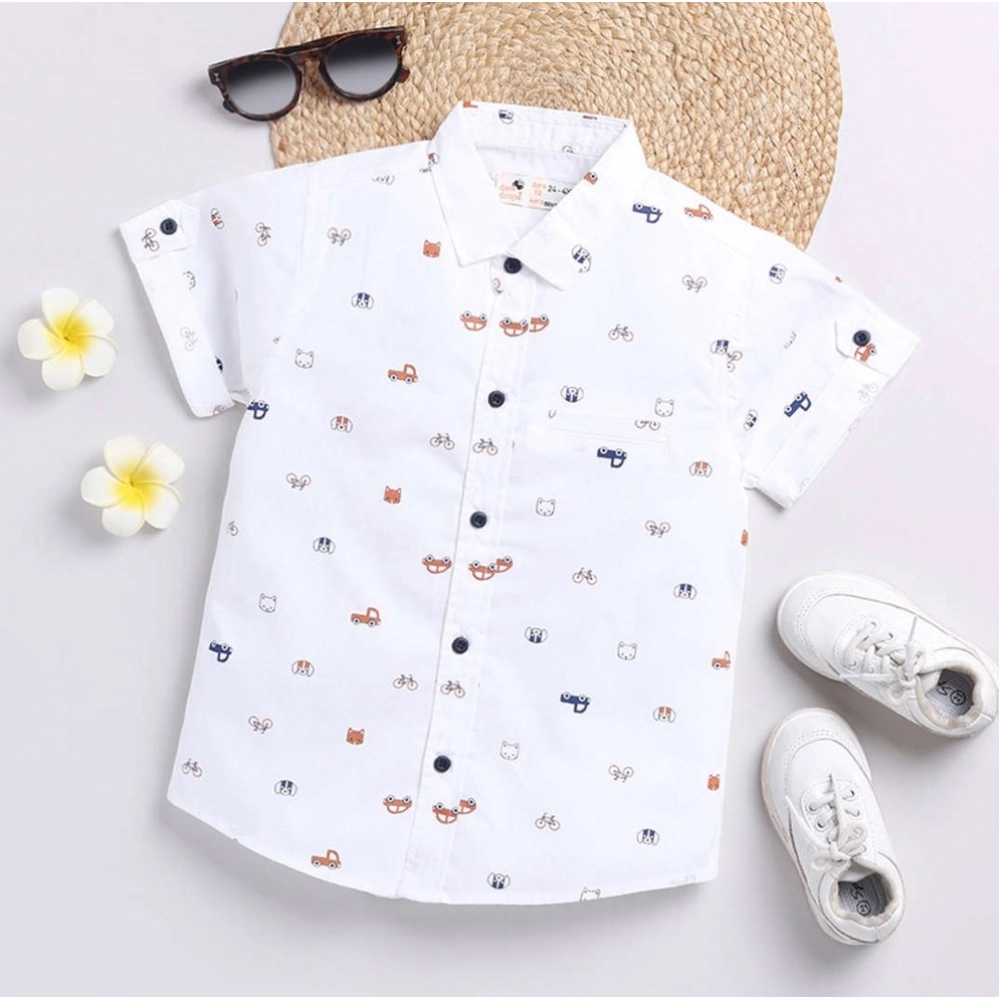 Boy's Cotton Blend Printed Short Sleeve Shirt (White)